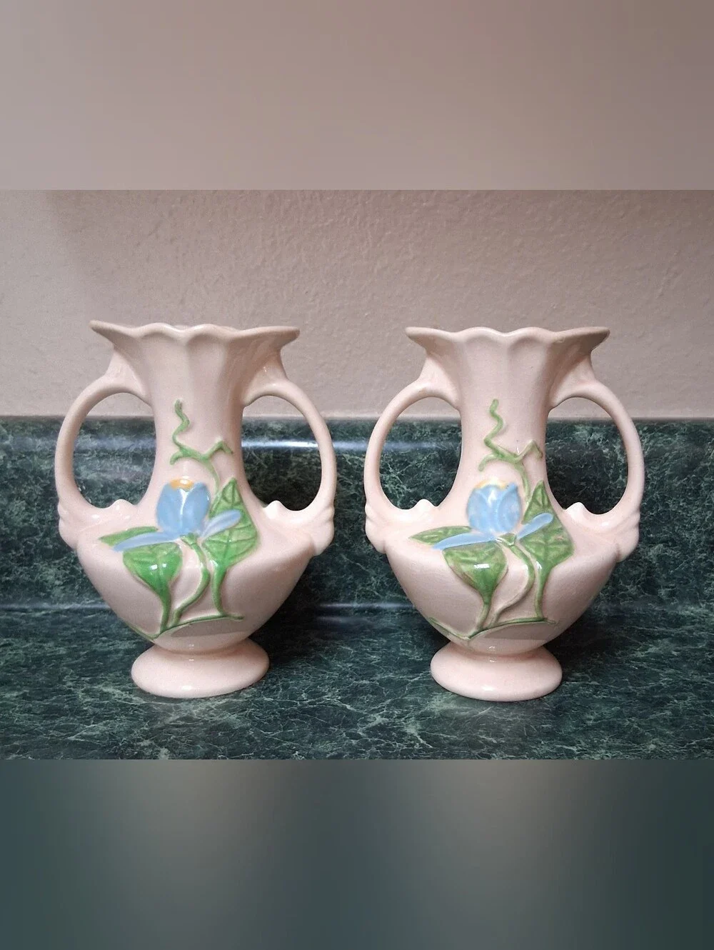 Vintage Ca. 1947-48 Hull Art Pottery Vase Glossy Pink, Blue Magnolia H-2-5-1/2